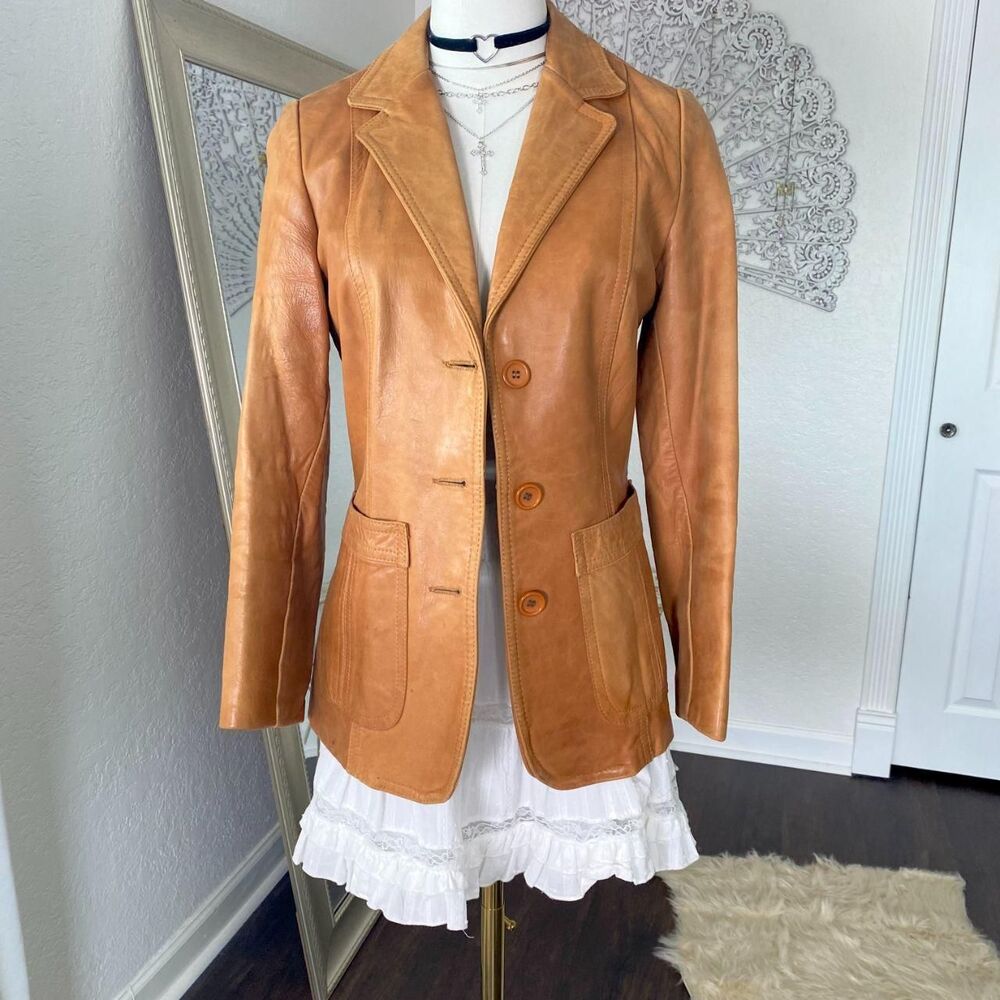 90s Vintage Soft Cognac Tan Brown Genuine Leather Tailored Jacket S